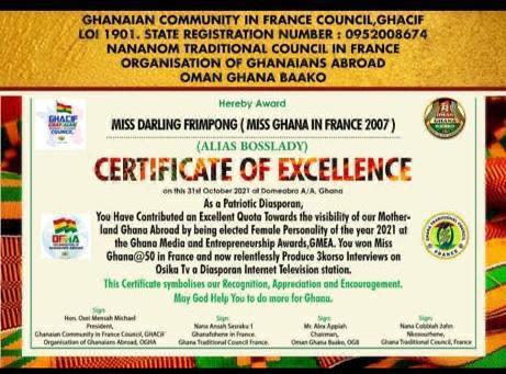 GHACIF Certificate of Excellence — Miss Ghana France 2007
